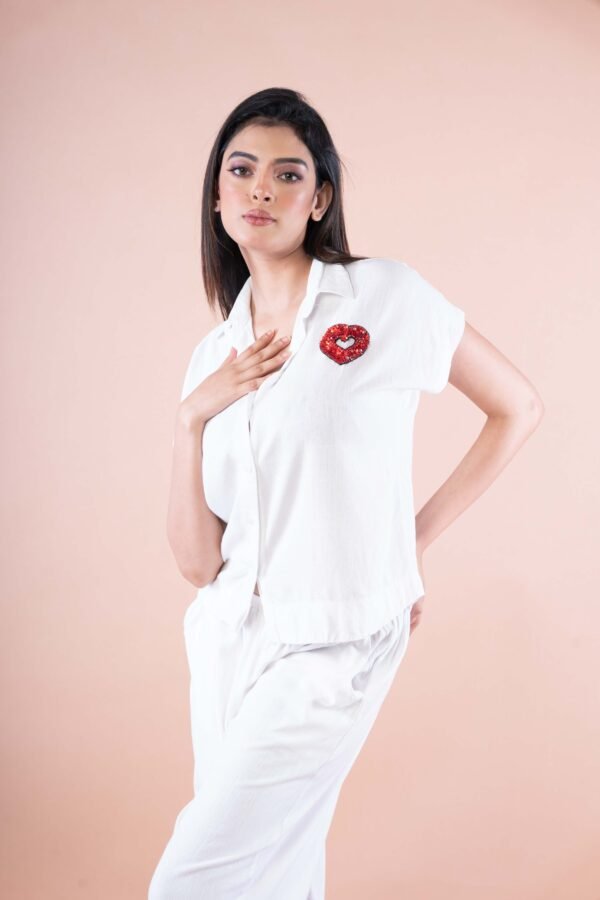 White Co-ord Set With Sequined Heart Patch - Image 3