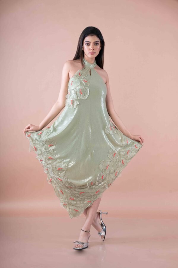 High low halter neck Dress with Floral appliqué - Image 3