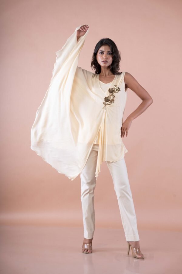 Asymmetrical drape top with Sequins embroidery & Cotton stretch pants