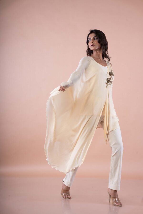 Asymmetrical drape top with Sequins embroidery & Cotton stretch pants - Image 3