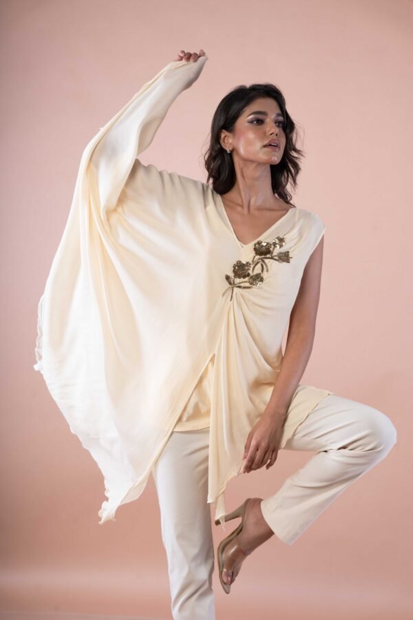 Asymmetrical drape top with Sequins embroidery & Cotton stretch pants - Image 2