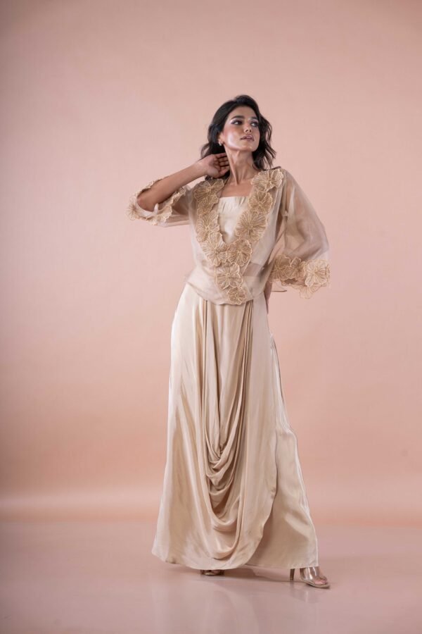 Beige crop top - Drape long skirt & Flower cut net top - Image 3