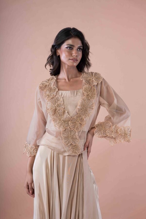 Beige crop top - Drape long skirt & Flower cut net top - Image 2