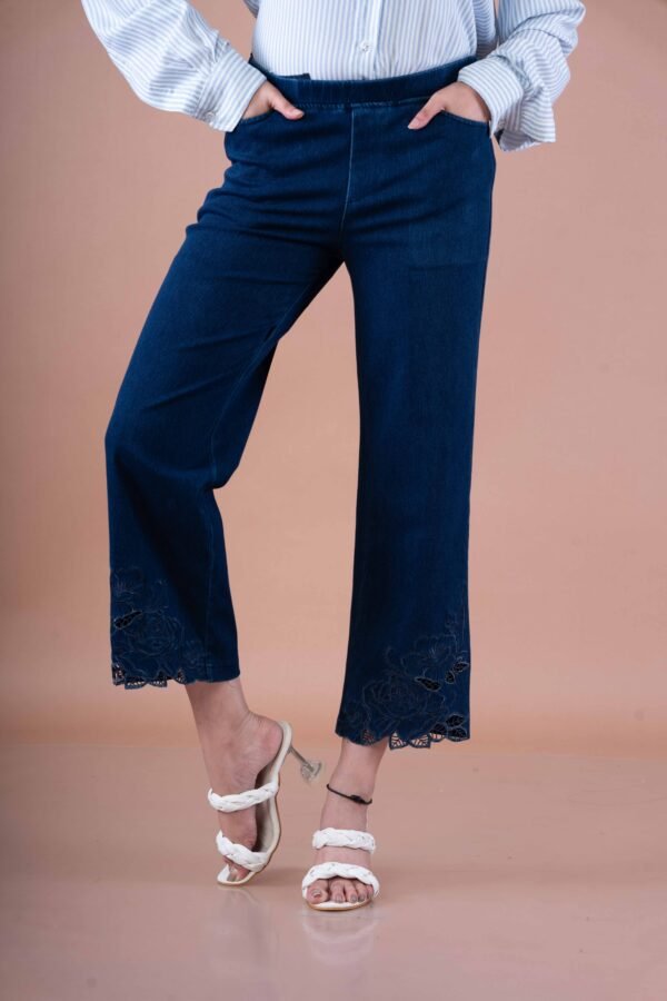 Denim cutwork pants